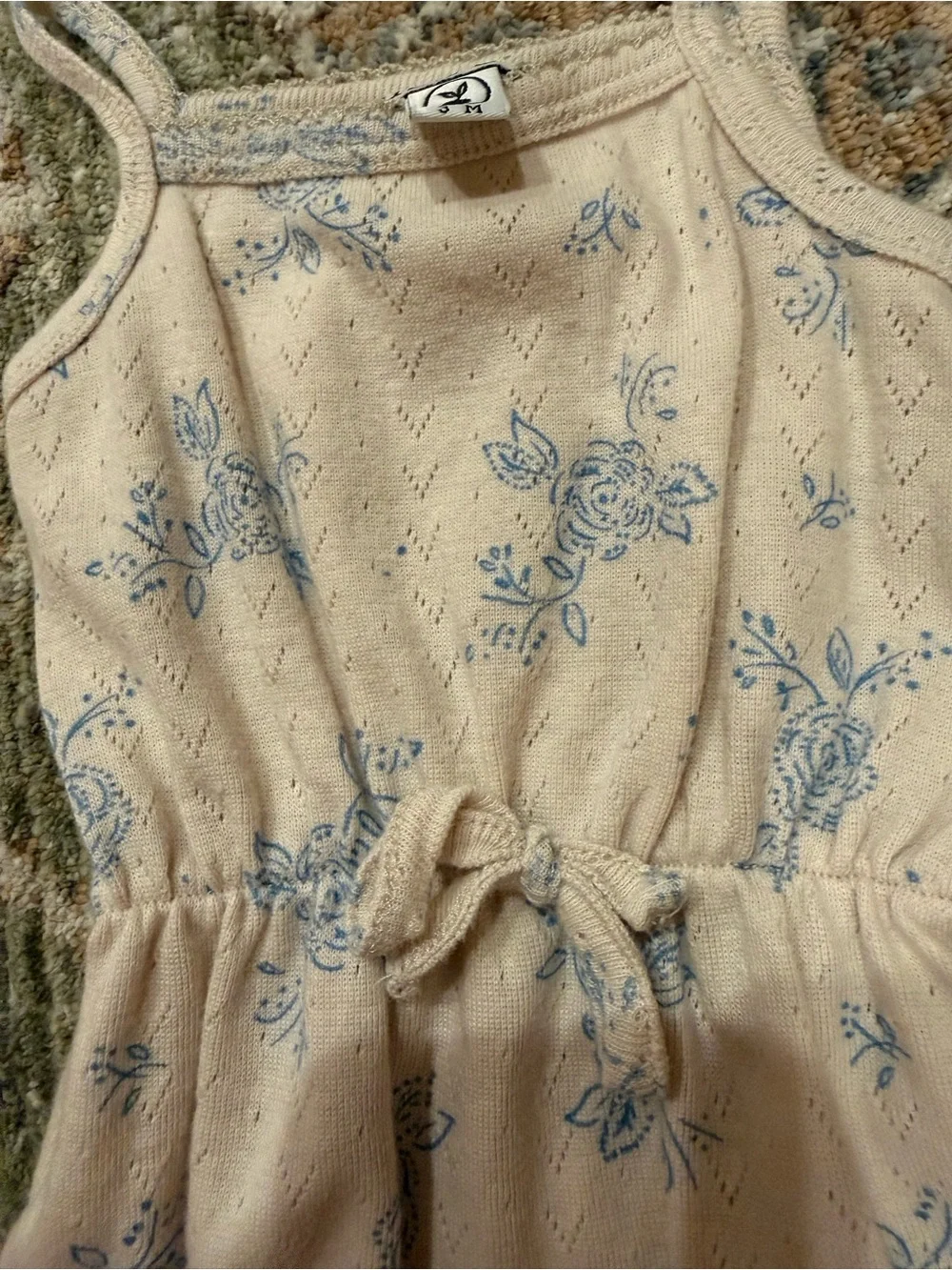 Emile et Ida Cream Romper with Light Blue Floral Print and Tie Waist 3M